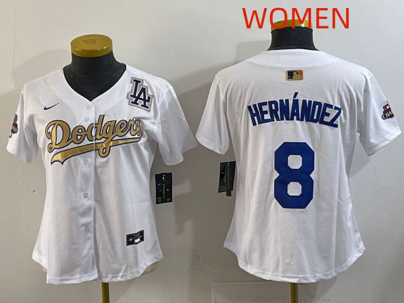 Women Los Angeles Dodgers #8 Hernandez White Champion edition Nike MLB Jersey style 005->women mlb jersey->Women Jersey